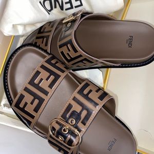 Fendi leather flat 2 strap sandal
